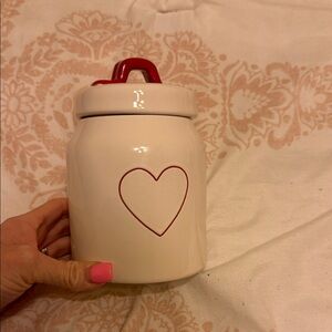 Rae Dunn White Jar with Red Heart Design